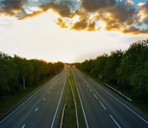 Elevated view of a highway at dusk.
