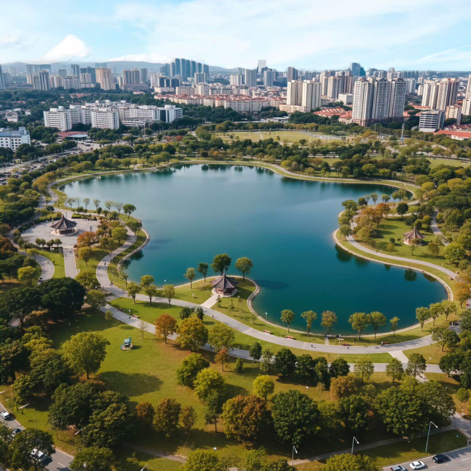 Aerial view of Kepong Metropolitan Park with lake, green trees, and Kuala Lumpur city skyline in the background